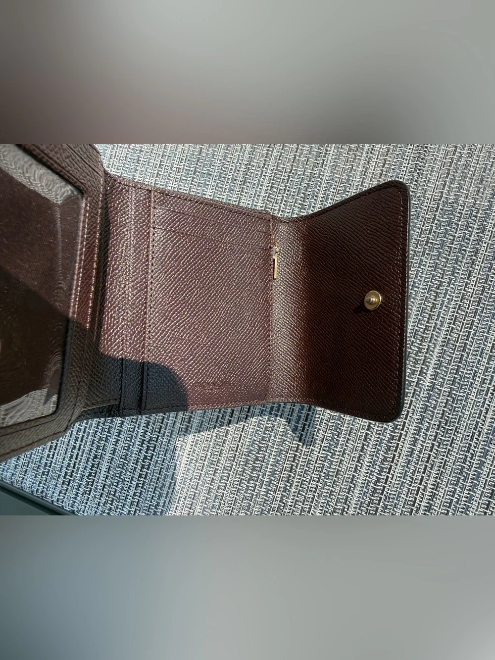 Coach metallic purple trifold button wallet